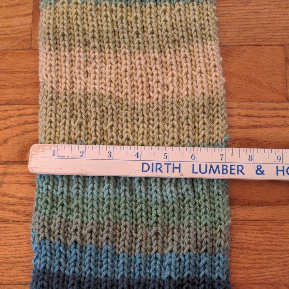 Handmade Knitted Scarf Cape in Blue and Green Tones 2 Black Velvet Ribbons - Picture 4 of 9